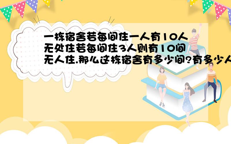 一栋宿舍若每间住一人有10人无处住若每间住3人则有10间无人住.那么这栋宿舍有多少间?有多少人?我用2元一次方程组解为设X为房间,Y为人数X=Y-103X=Y+10X=10,Y=20可是不正确,正确为x=30y=20麻烦各位