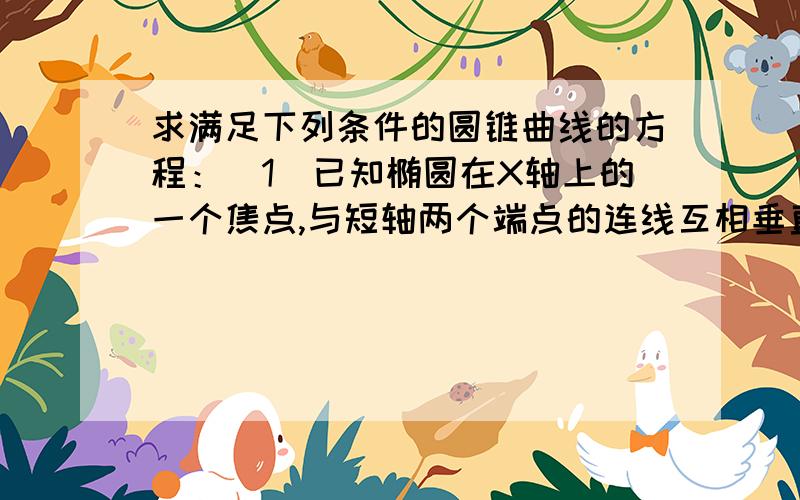 求满足下列条件的圆锥曲线的方程：（1）已知椭圆在X轴上的一个焦点,与短轴两个端点的连线互相垂直,且...求满足下列条件的圆锥曲线的方程：（1）已知椭圆在X轴上的一个焦点,与短轴两个