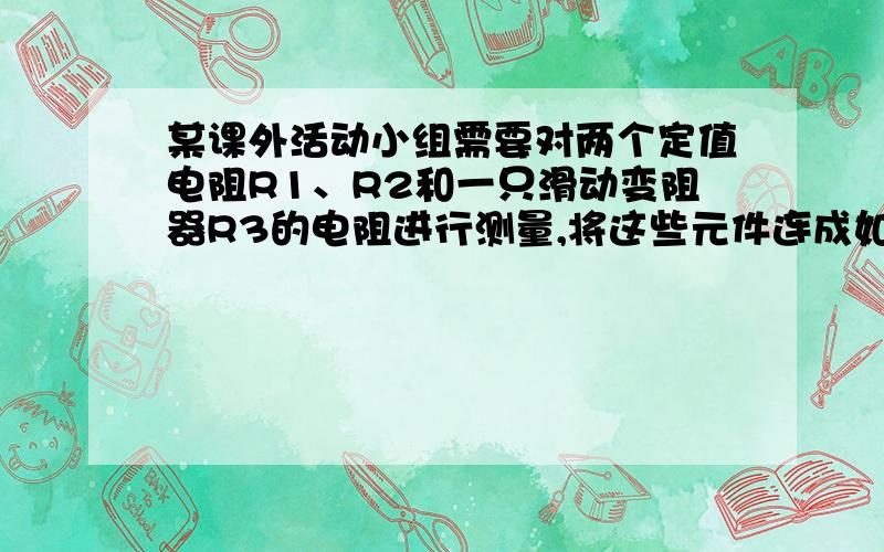 某课外活动小组需要对两个定值电阻R1、R2和一只滑动变阻器R3的电阻进行测量,将这些元件连成如图所示的电路．闭合S1,断开S2,将滑动变阻器的阻值调到最大时,电流表的读数为0.2A,电压表的示