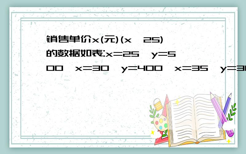 销售单价x(元)(x≥25)的数据如表:x=25,y=500,x=30,y=400,x=35,y=300..(1)把上表中销售单价x（元）（x≧25）的数据如表：x=25,y=500,x=30,y=400,x=35,y=300..(1)把上表中x,y 的各组对应值作为点的坐标,在如图的平