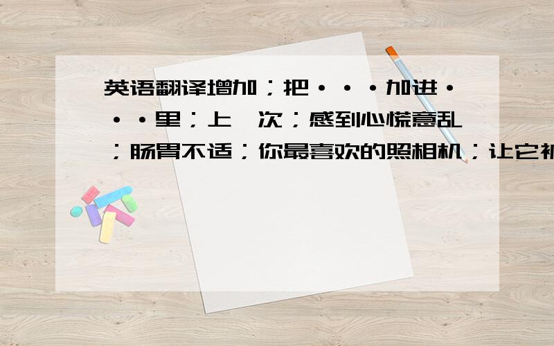 英语翻译增加；把···加进···里；上一次；感到心慌意乱；肠胃不适；你最喜欢的照相机；让它被修理；让某事被做；照顾一只狗；去安静的地方；关心某人；去度假；付账单；计算出成