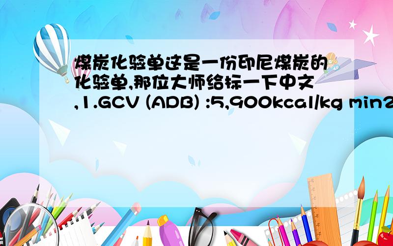 煤炭化验单这是一份印尼煤炭的化验单,那位大师给标一下中文,1.GCV (ADB) :5,900kcal/kg min2.NCV ( 