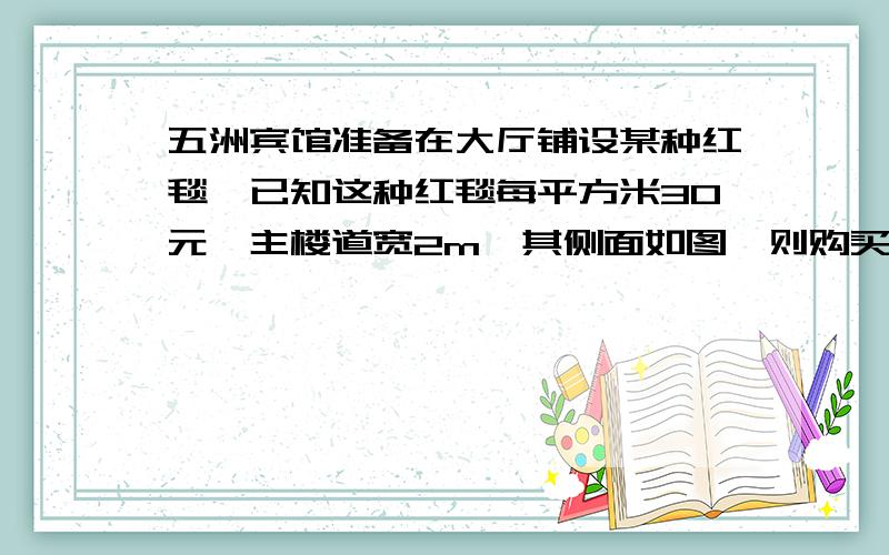 五洲宾馆准备在大厅铺设某种红毯,已知这种红毯每平方米30元,主楼道宽2m,其侧面如图,则购买这种地毯需多少元