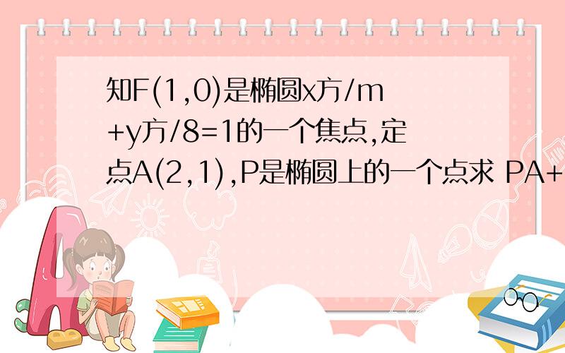 知F(1,0)是椭圆x方/m+y方/8=1的一个焦点,定点A(2,1),P是椭圆上的一个点求 PA+3PF 最小值