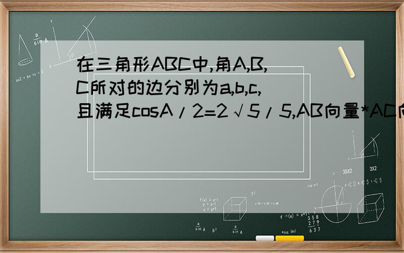 在三角形ABC中,角A,B,C所对的边分别为a,b,c,且满足cosA/2=2√5/5,AB向量*AC向量=3.（1）求三角形ABC的面积 （2）若b+c=6,求a的值