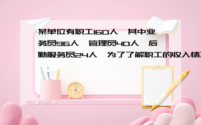 某单位有职工160人,其中业务员96人,管理员40人,后勤服务员24人,为了了解职工的收入情况,要抽取一个容量为20的样本,若采用分层抽样,则业务员,管理员,后勤服务人员个应取 人（最好把过程也