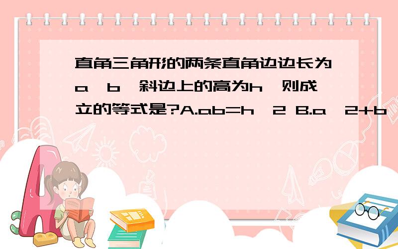 直角三角形的两条直角边边长为a,b,斜边上的高为h,则成立的等式是?A.ab=h^2 B.a^2+b^2=2h^2C.1/a+1/b=1/h D.1/a^2+1/b^2=1/h^2