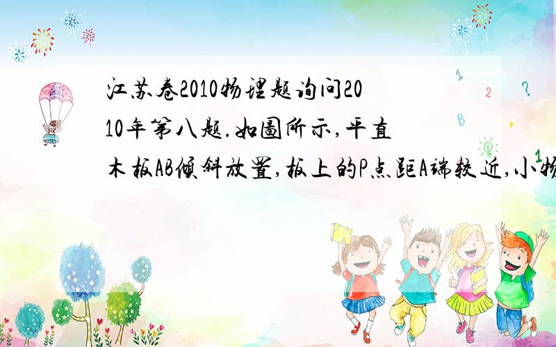 江苏卷2010物理题询问2010年第八题.如图所示,平直木板AB倾斜放置,板上的P点距A端较近,小物块与木板间的动摩擦因数由A到B逐渐减小,先让物块从A由静止开始滑到B.然后,将A着地,抬高B,使木板的