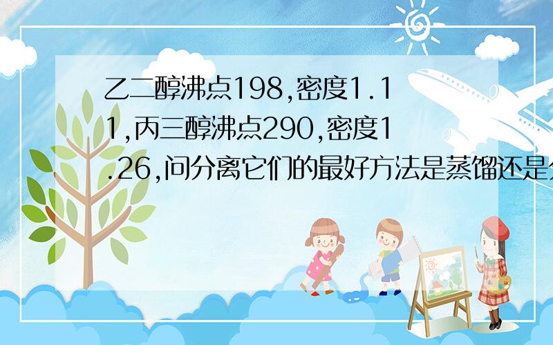 乙二醇沸点198,密度1.11,丙三醇沸点290,密度1.26,问分离它们的最好方法是蒸馏还是分液?