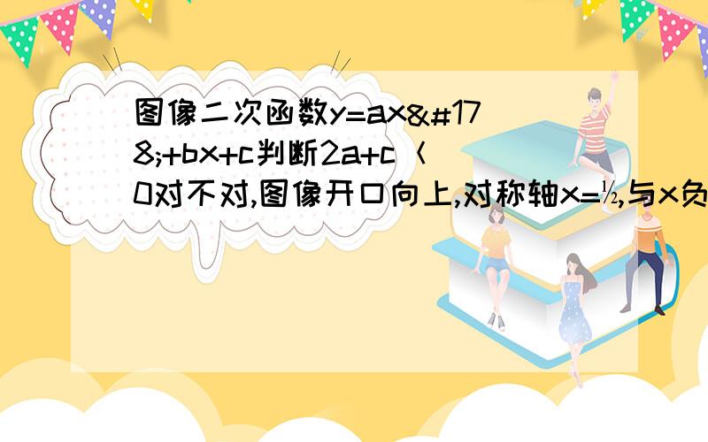 图像二次函数y=ax²+bx+c判断2a+c＜0对不对,图像开口向上,对称轴x=½,与x负半轴的交点大于-1,顶点坐标½,