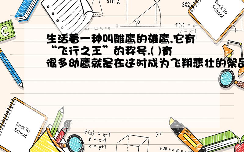 生活着一种叫雕鹰的雄鹰,它有“飞行之王”的称号.( )有很多幼鹰就是在这时成为飞翔悲壮的祭品，但母鹰同样不会停止这“血淋淋”的训练，因为它眼中虽然有痛苦的泪水，但同时也在构