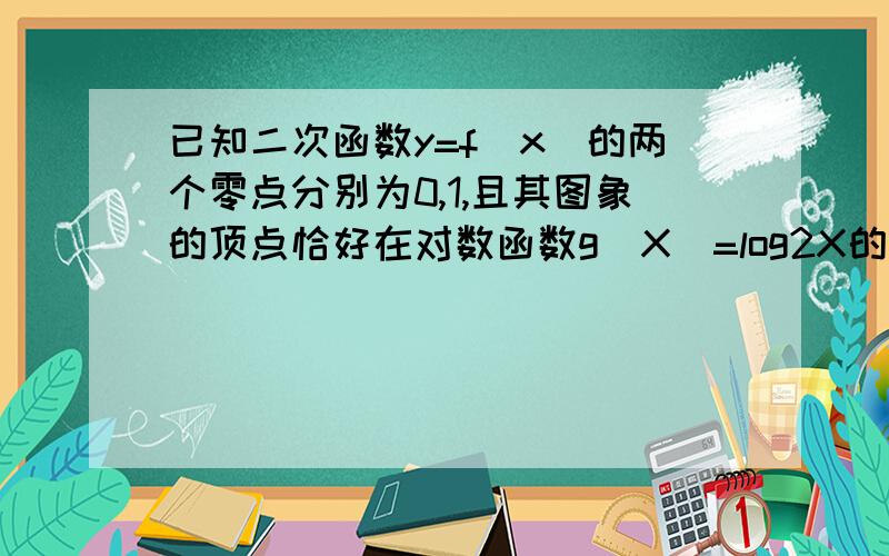 已知二次函数y=f(x)的两个零点分别为0,1,且其图象的顶点恰好在对数函数g(X)=log2X的图象上.求g(1)+g(2)的值.(2)求函数的解析式及f(X)在[0,2]上的最大值.