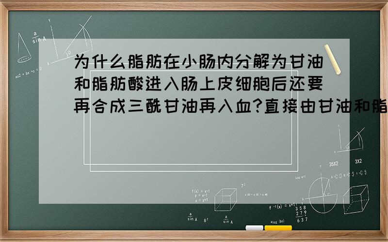 为什么脂肪在小肠内分解为甘油和脂肪酸进入肠上皮细胞后还要再合成三酰甘油再入血?直接由甘油和脂肪酸的形式转运不是更方便组织细胞利用吗?为什么要多那一举?