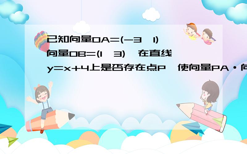 已知向量OA=(-3,1),向量OB=(1,3),在直线y=x+4上是否存在点P,使向量PA·向量PB=0?若存在,求出点P的坐标；做不存在,说明理由.