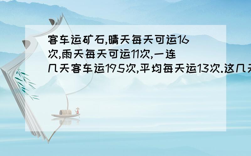 客车运矿石,晴天每天可运16次,雨天每天可运11次,一连几天客车运195次,平均每天运13次.这几天中有↓几天是雨天?有几天是晴天?不要用方程,算式{鸡兔同笼}