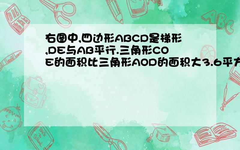 右图中,四边形ABCD是梯形,DE与AB平行.三角形COE的面积比三角形AOD的面积大3.6平方厘米,三角形ABC的面积是平行四边形ABED的1.2倍求梯形ABCD的面积