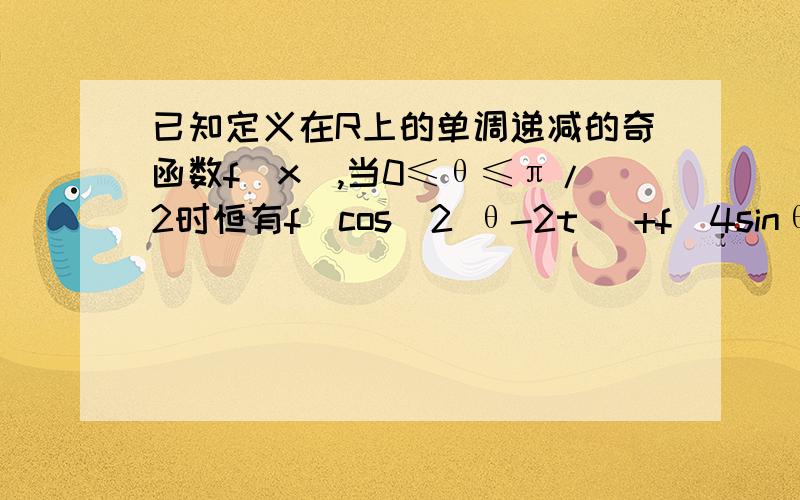 已知定义在R上的单调递减的奇函数f(x),当0≤θ≤π/2时恒有f(cos^2 θ-2t) +f(4sinθ-3）≥0成立,求t的取值范围