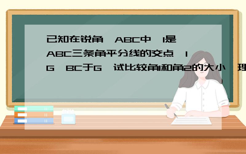 已知在锐角△ABC中,I是△ABC三条角平分线的交点,IG⊥BC于G,试比较角1和角2的大小,理由