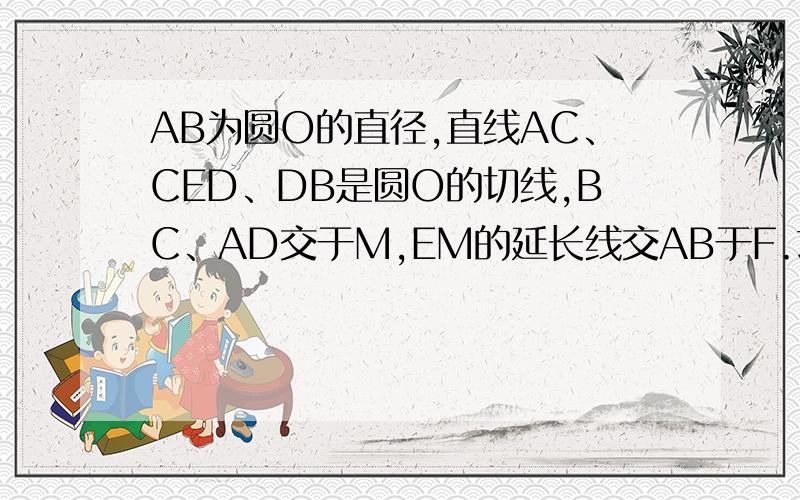 AB为圆O的直径,直线AC、CED、DB是圆O的切线,BC、AD交于M,EM的延长线交AB于F.求证EF⊥AB EF平分∠CFD