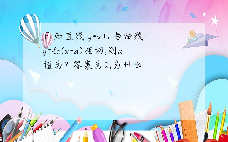 已知直线 y=x+1与曲线 y=ln(x+a)相切,则a值为? 答案为2,为什么