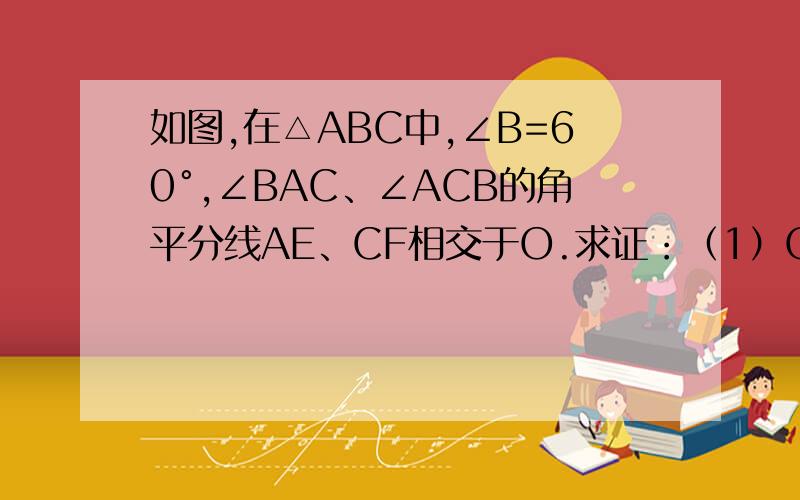 如图,在△ABC中,∠B=60°,∠BAC、∠ACB的角平分线AE、CF相交于O.求证：（1）OE=OF；（2）AF+CE=AC 帮帮如图,在△ABC中,∠B=60°,∠BAC、∠ACB的角平分线AE、CF相交于O.求证：（1）OE=OF；（2）AF+CE=AC