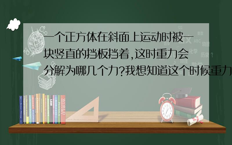 一个正方体在斜面上运动时被一块竖直的挡板挡着,这时重力会分解为哪几个力?我想知道这个时候重力分解出来的力里面,除了与挡板垂直的F和与斜面垂直的F’外,会不会还有与斜面平行向下