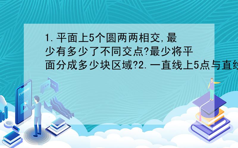 1.平面上5个圆两两相交,最少有多少了不同交点?最少将平面分成多少块区域?2.一直线上5点与直线外3点.每两点确定一条直线,最多确定多少条不同直线?