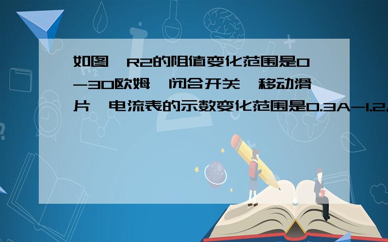 如图,R2的阻值变化范围是0-30欧姆,闭合开关,移动滑片,电流表的示数变化范围是0.3A-1.2A 求 R1的阻值和电源电压