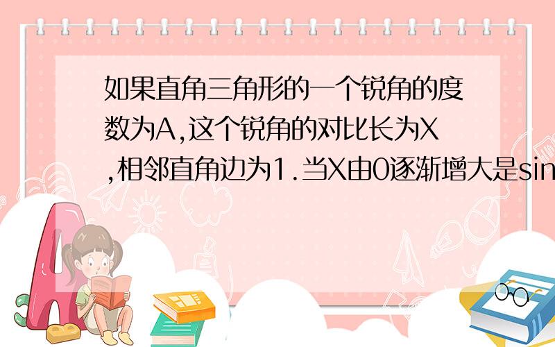 如果直角三角形的一个锐角的度数为A,这个锐角的对比长为X,相邻直角边为1.当X由0逐渐增大是sinA tanA cosA如何变化呢?