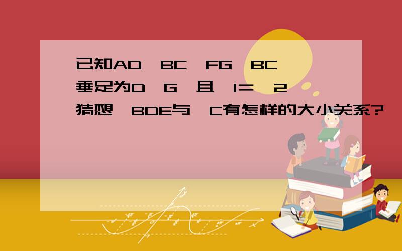 已知AD⊥BC,FG⊥BC,垂足为D、G,且∠1＝∠2,猜想∠BDE与∠C有怎样的大小关系?