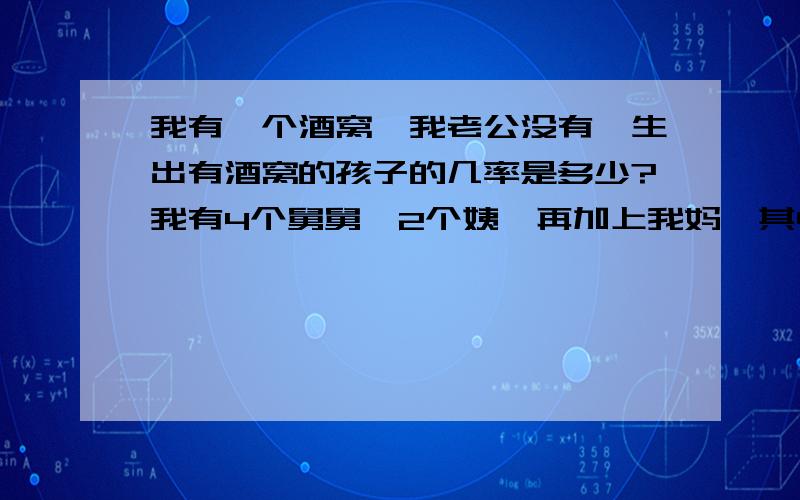 我有一个酒窝,我老公没有,生出有酒窝的孩子的几率是多少?我有4个舅舅,2个姨,再加上我妈,其中2个舅舅有酒窝,大舅和四舅,大舅的两个比较深,四舅的比较浅,大姨和我妈都有酒窝,我妈有两个