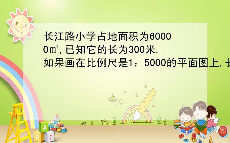 长江路小学占地面积为60000㎡,已知它的长为300米.如果画在比例尺是1：5000的平面图上,长和宽是多少厘米