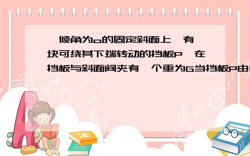 一倾角为a的固定斜面上,有一块可绕其下端转动的挡板P,在挡板与斜面间夹有一个重为G当挡板P由垂直于水平面的竖直位置逆时针转到水平位置的过程中球对挡板的压力的最小值