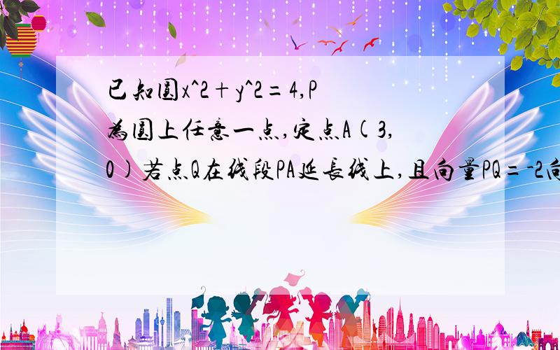 已知圆x^2+y^2=4,P为圆上任意一点,定点A(3,0)若点Q在线段PA延长线上,且向量PQ=-2向量QA,则动点Q的轨...已知圆x^2+y^2=4,P为圆上任意一点,定点A(3,0)若点Q在线段PA延长线上,且向量PQ=-2向量QA,则动点Q的