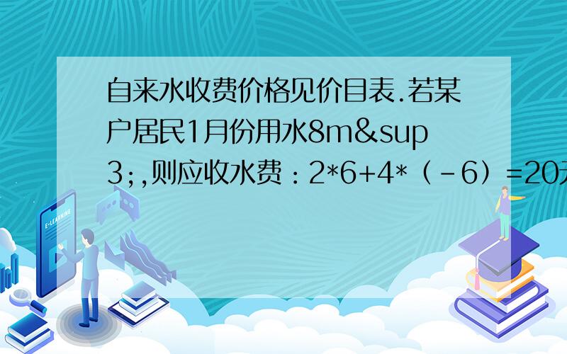 自来水收费价格见价目表.若某户居民1月份用水8m³,则应收水费：2*6+4*（-6）=20元.（1）若该户居自来水收费价格见价目表.若某户居民1月份用水8m³,则应收水费：2*6+4*（9.5-6）=26元.（1）