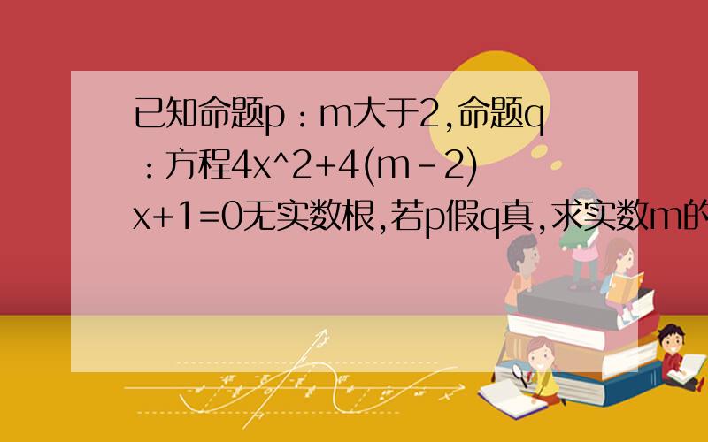 已知命题p：m大于2,命题q：方程4x^2+4(m-2)x+1=0无实数根,若p假q真,求实数m的