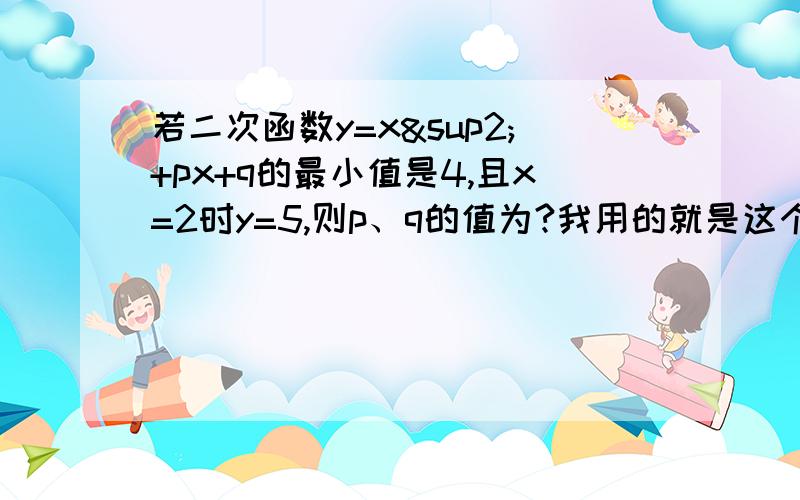 若二次函数y=x²+px+q的最小值是4,且x=2时y=5,则p、q的值为?我用的就是这个方法 但是不太对，可能是解错了。