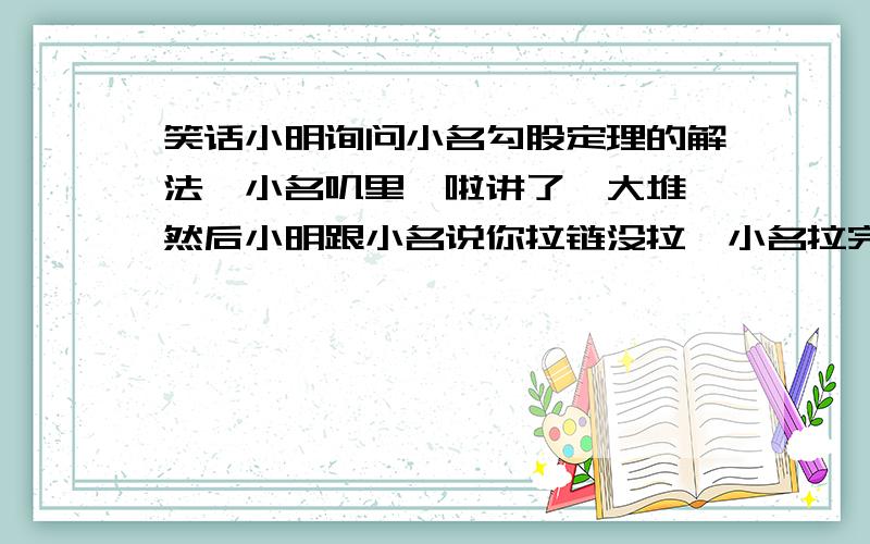 笑话小明询问小名勾股定理的解法,小名叽里呱啦讲了一大堆,然后小明跟小名说你拉链没拉,小名拉完说小明内穿反了.