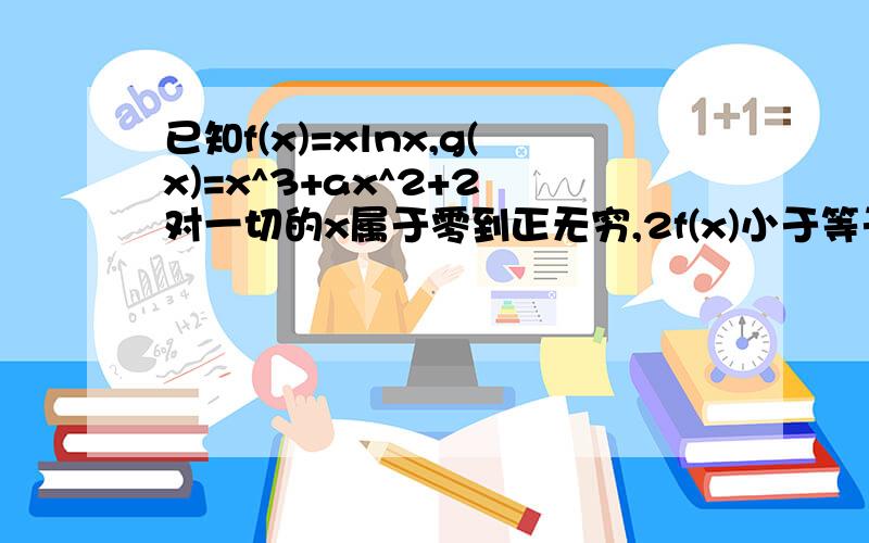 已知f(x)=xlnx,g(x)=x^3+ax^2+2 对一切的x属于零到正无穷,2f(x)小于等于g(x)+2恒成立,求实数a的范围.