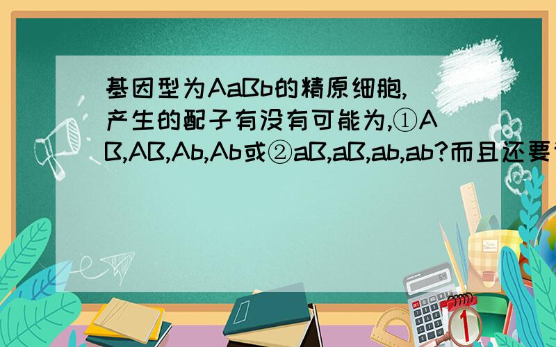 基因型为AaBb的精原细胞,产生的配子有没有可能为,①AB,AB,Ab,Ab或②aB,aB,ab,ab?而且还要说出为什么。