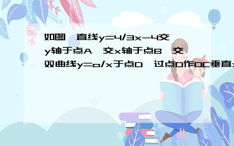 如图,直线y=4/3x-4交y轴于点A,交x轴于点B,交双曲线y=a/x于点D,过点D作DC垂直x轴于C,求（1）DC的长（2）