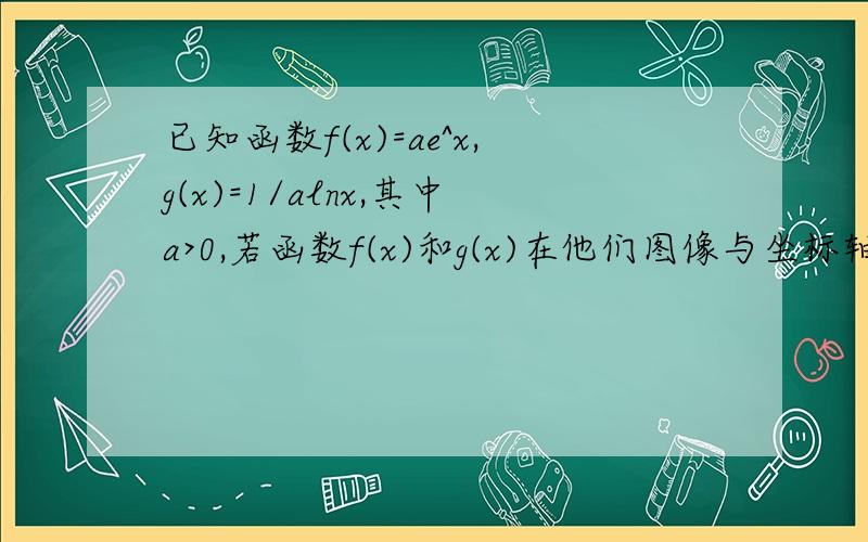 已知函数f(x)=ae^x,g(x)=1/alnx,其中a>0,若函数f(x)和g(x)在他们图像与坐标轴交点处的切线互相平行,求这两平行切线间的距离