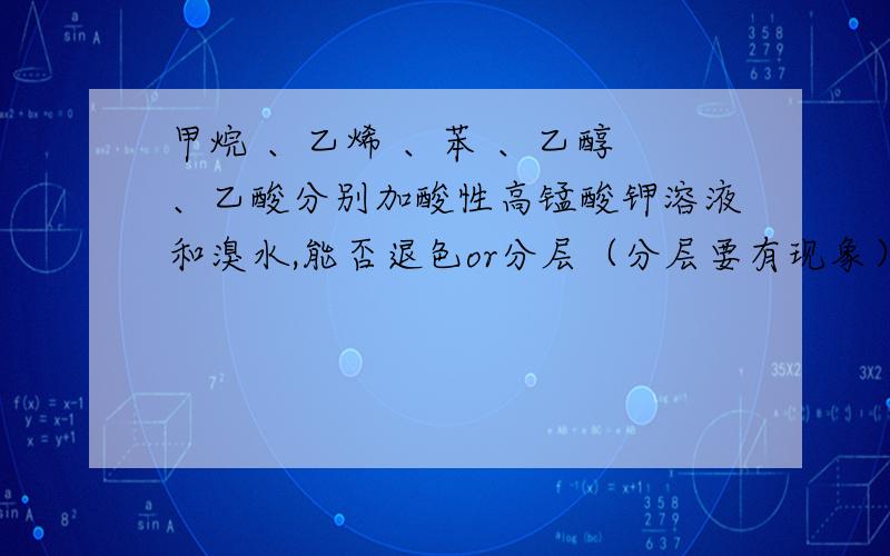 甲烷 、乙烯 、苯 、乙醇 、乙酸分别加酸性高锰酸钾溶液和溴水,能否退色or分层（分层要有现象）,最好告诉我是什么基团导致的,还有这些基团会存在在哪些物质中（高一必修二水平就行）