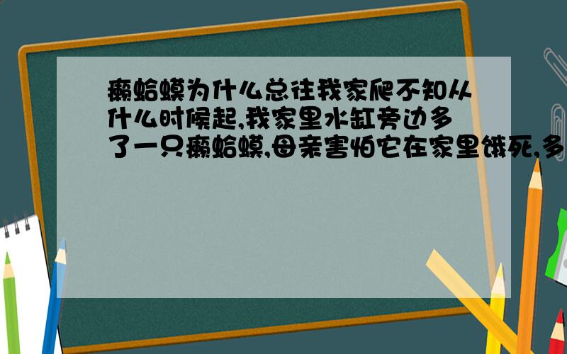 癞蛤蟆为什么总往我家爬不知从什么时候起,我家里水缸旁边多了一只癞蛤蟆,母亲害怕它在家里饿死,多次把它弄到外面田野里,但每次都是那只爬回来,这样已经有十多次了,现在,它依然“赖”