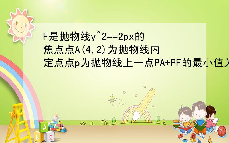 F是抛物线y^2==2px的焦点点A(4,2)为抛物线内定点点p为抛物线上一点PA+PF的最小值为8求抛物线方程