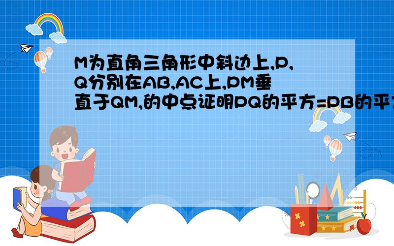 M为直角三角形中斜边上,P,Q分别在AB,AC上,PM垂直于QM,的中点证明PQ的平方=PB的平方+QC的平方更改：M为直角三角形中斜边BC的中点，,P,Q分别在AB,AC上,PM垂直于QM,证明PQ的平方=PB的平方+QC的平方