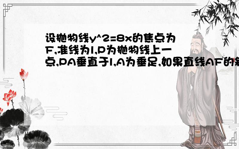 设抛物线y^2=8x的焦点为F,准线为l,P为抛物线上一点,PA垂直于l,A为垂足,如果直线AF的斜率为负根号3...设抛物线y^2=8x的焦点为F,准线为l,P为抛物线上一点,PA垂直于l,A为垂足,如果直线AF的斜率为负