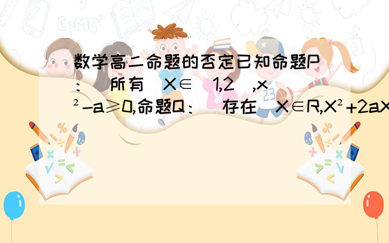 数学高二命题的否定已知命题P：（所有）X∈[1,2],x²-a≥0,命题Q：（存在）X∈R,X²+2aX+2-a=0已知命题P：（所有）X∈[1,2],x²-a≥0,命题Q：（存在）X∈R,X²+2aX+2-a=0,若命题“P且Q”是真