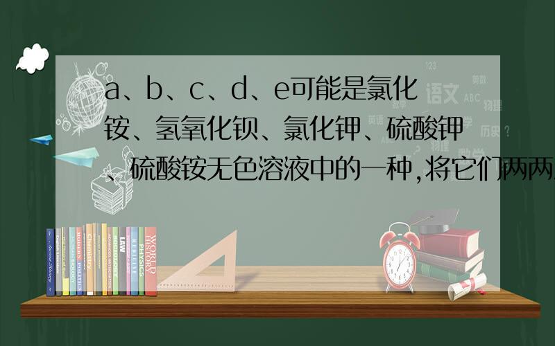 a、b、c、d、e可能是氯化铵、氢氧化钡、氯化钾、硫酸钾、硫酸铵无色溶液中的一种,将它们两两混合时的现象①a、b混合后产生白色沉淀,加热后无明显现象；②b、c混合产生白色沉淀,加热产