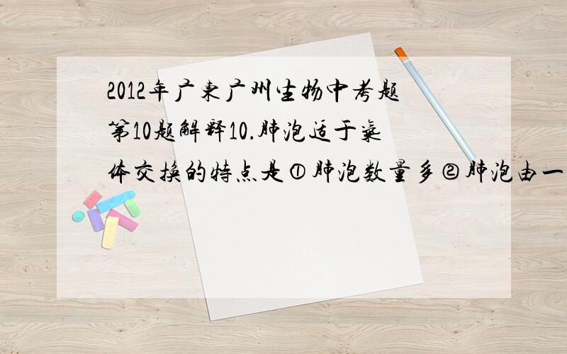 2012年广东广州生物中考题第10题解释10．肺泡适于气体交换的特点是①肺泡数量多②肺泡由一个细胞构成③肺泡壁由一层上皮细胞构成④肺泡外包绕着丰富的毛细血管A.①②                B. ①